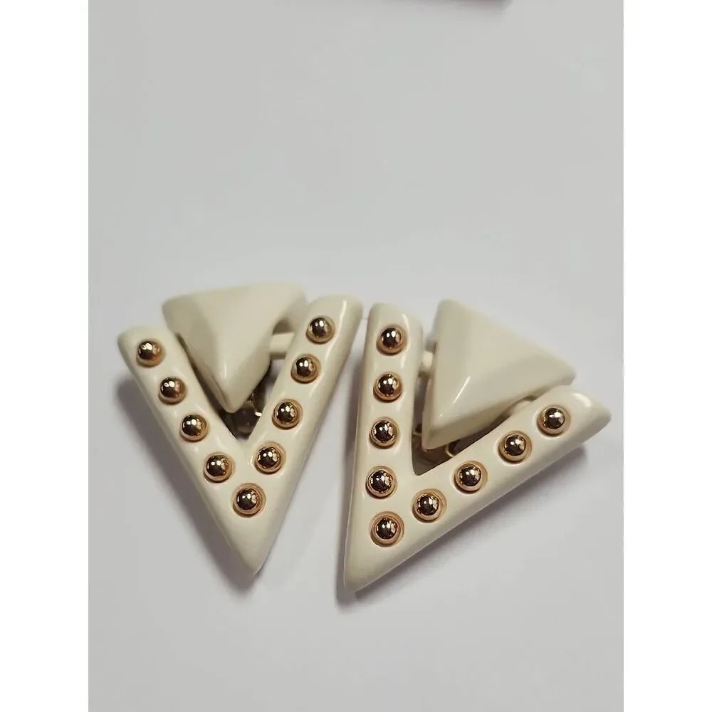 Cream Triangular Earrings with Gold Accents Vintage Clip Ons